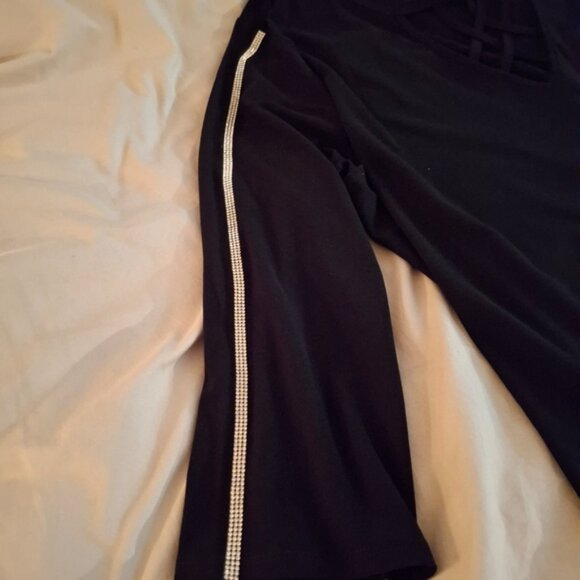 Love Scarlett women's Black Relaxed Cut Out Front Rhinestoned Sleeved Blouse - Picture 7 of 8